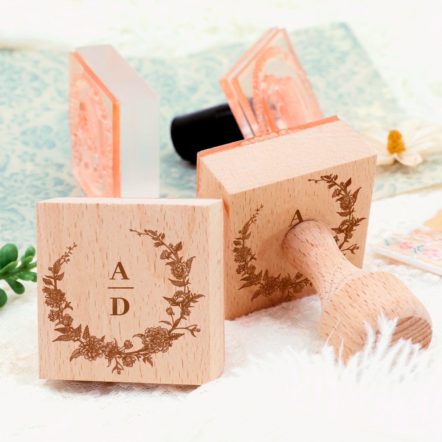 Custom Botanical Wedding Monogram Rubber Stamp (18 Designs)4