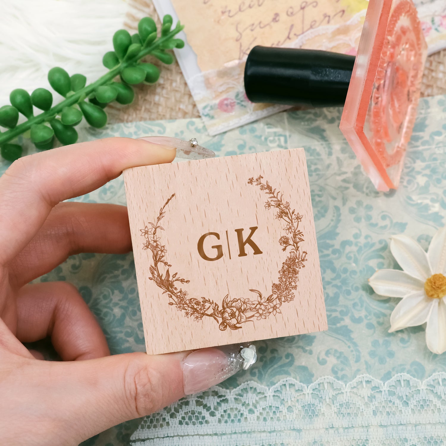 Custom Botanical Wedding Monogram Rubber Stamp -SKU6 2