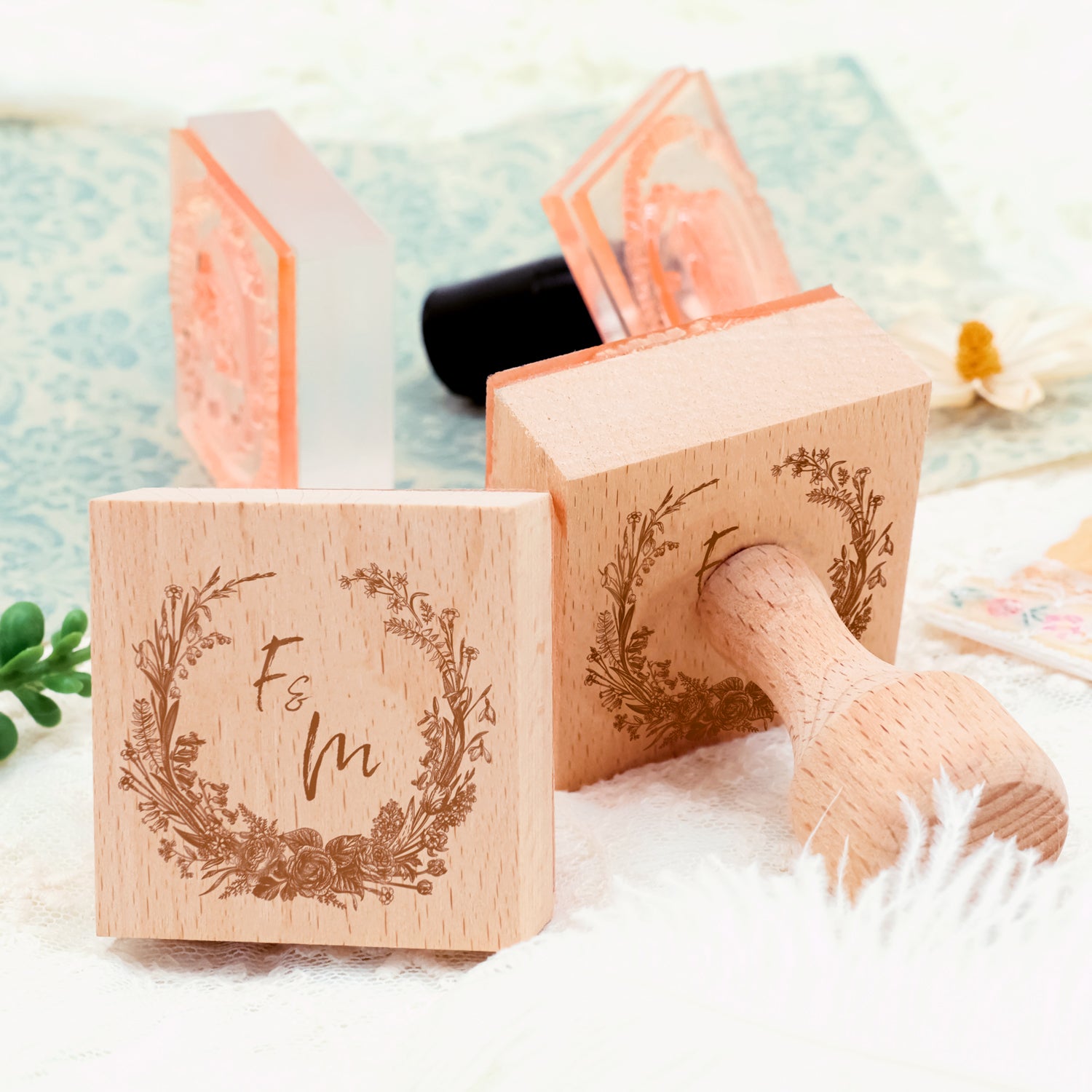 Custom Botanical Wedding Monogram Rubber Stamp -SKU11 4