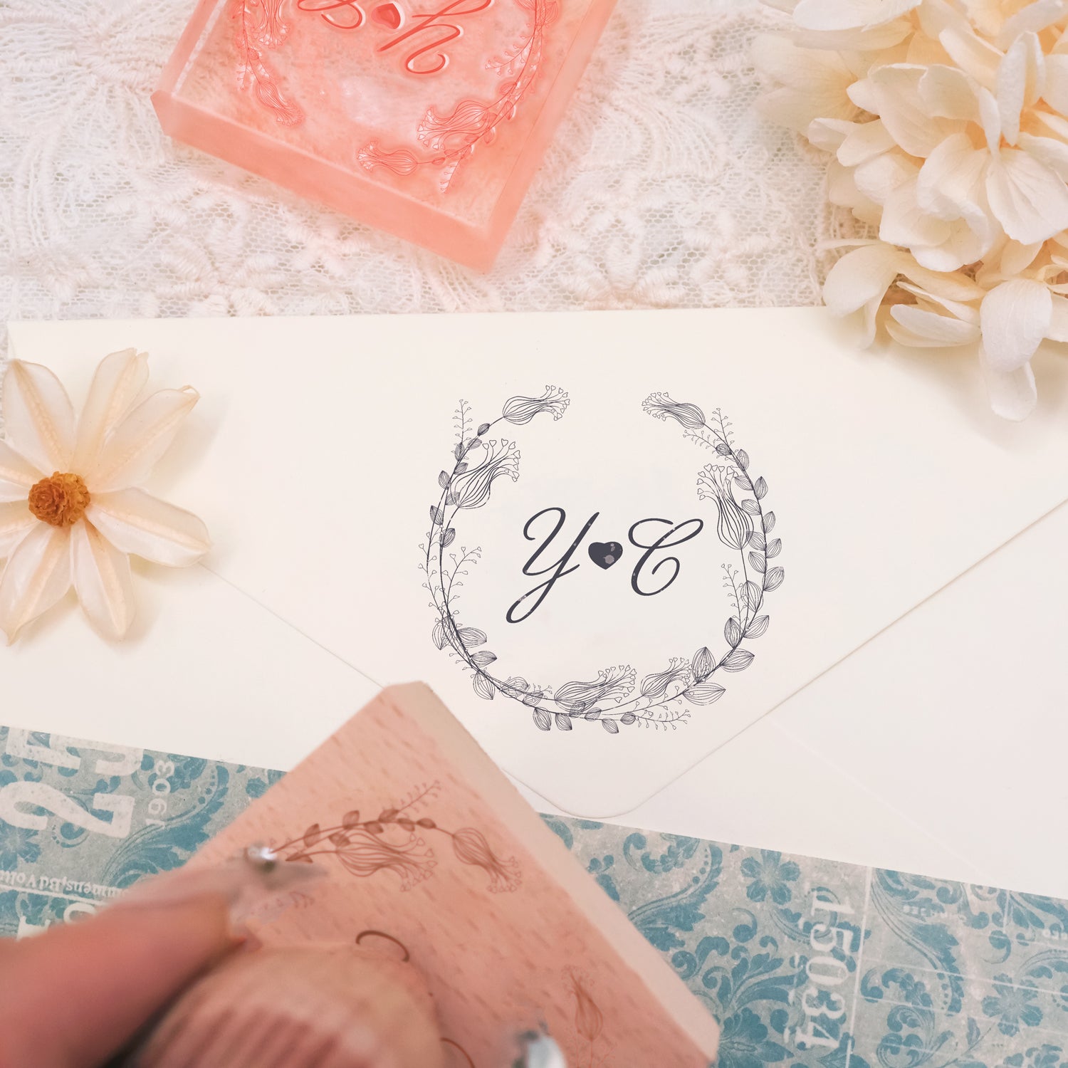 Custom Botanical Wedding Monogram Rubber Stamp -SKU17 3