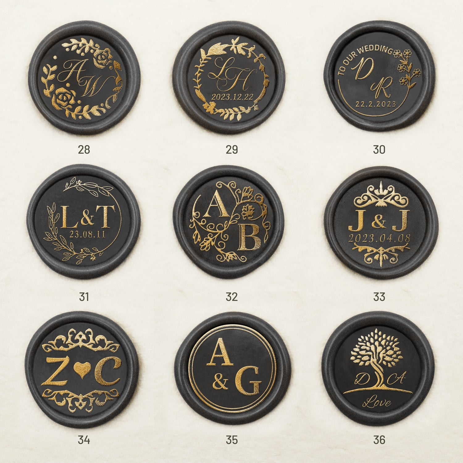 Autocollants de sceau de cire personnalisé monogramme de mariage autocollant (36 designs) 28-36