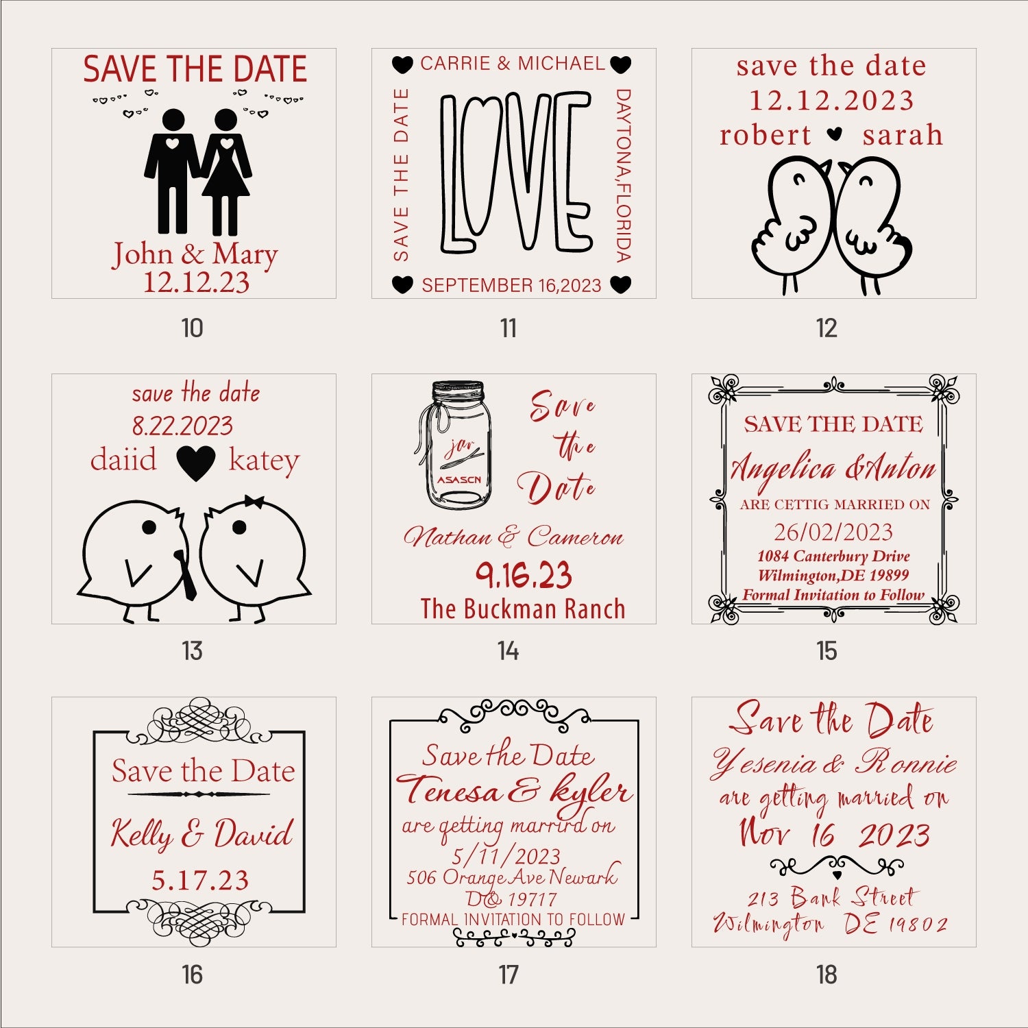 Tampon en Caoutchouc Personnalisé Réservez la Date de Mariage (25 Designs) SKU2