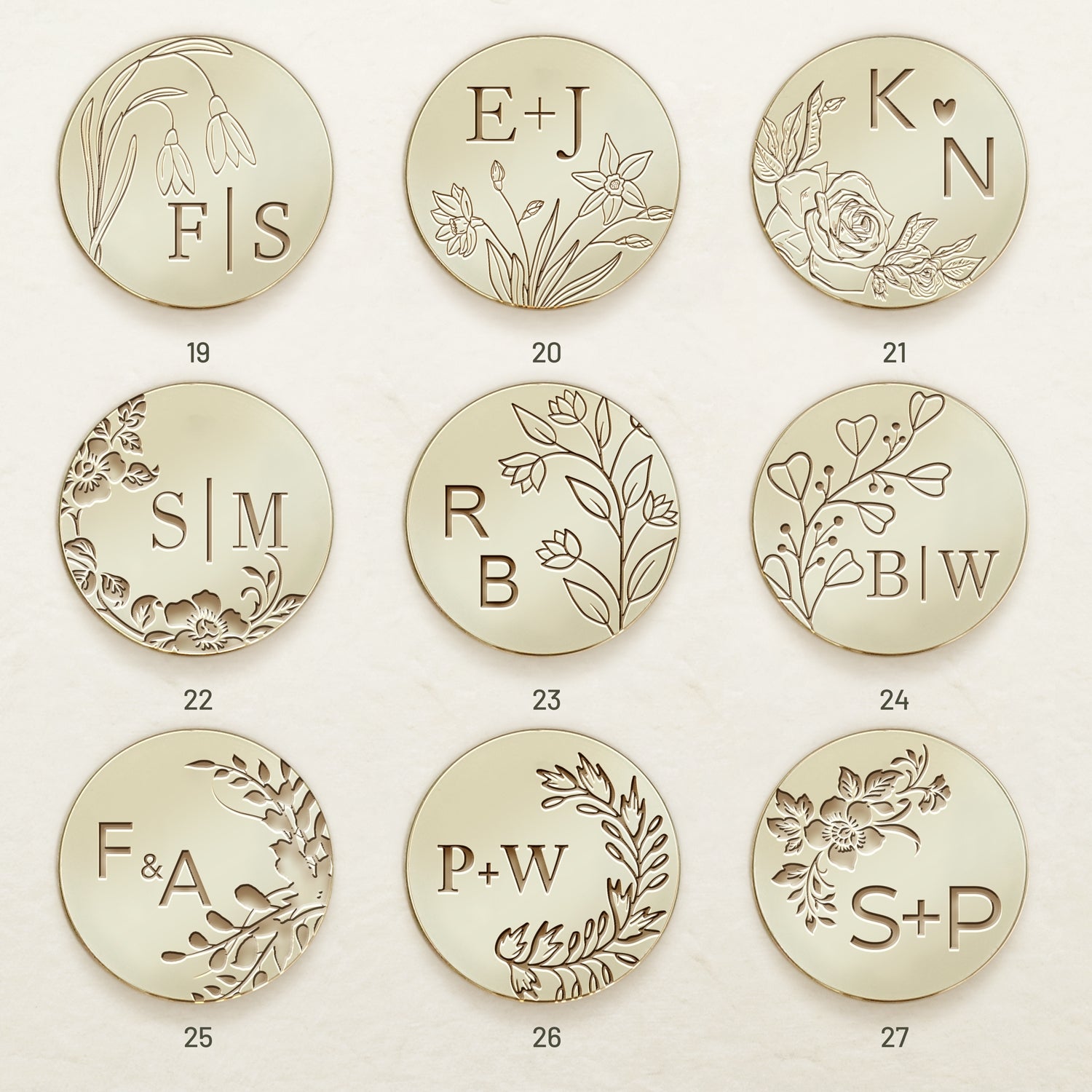 Custom Borderless Botanical Wedding Monogram Wax Seal Stamp (27 Designs)-sku3