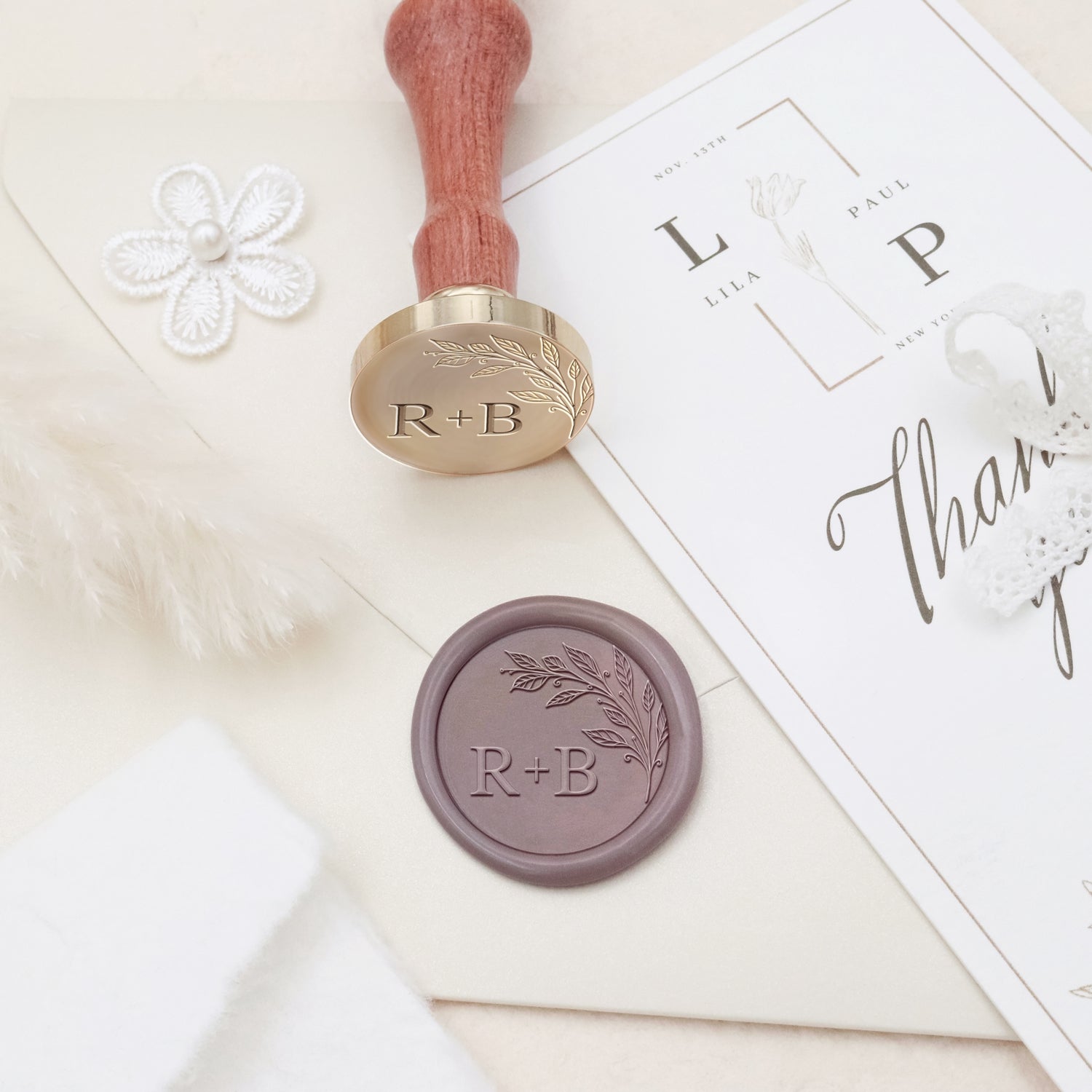 Tampon encreur sceau de cire monogramme mariage botanique sans bordure personnalisé - Style 5 3