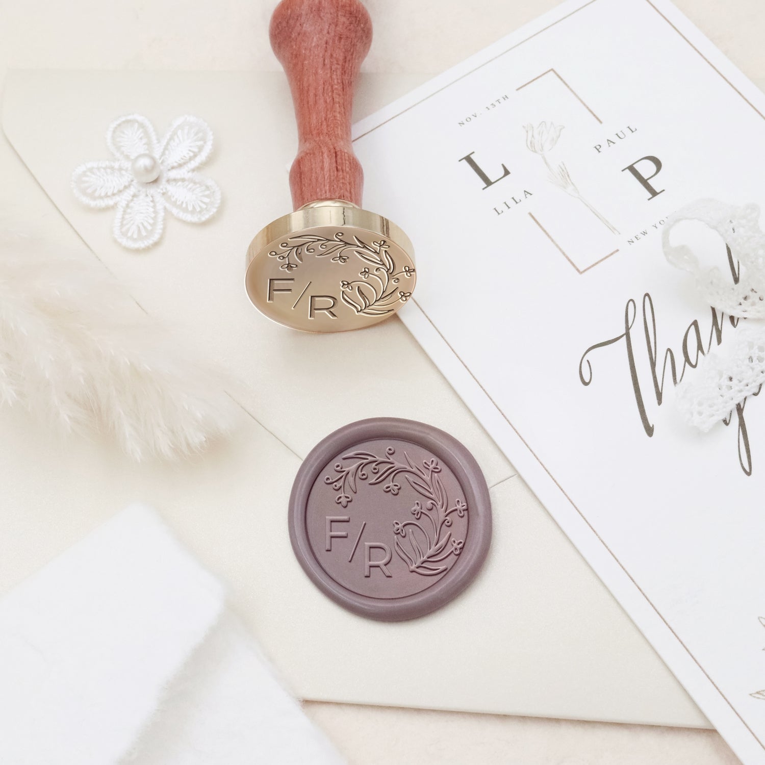 Custom Borderless Botanical Wedding Monogram Wax Seal Stamp - Style 8 3