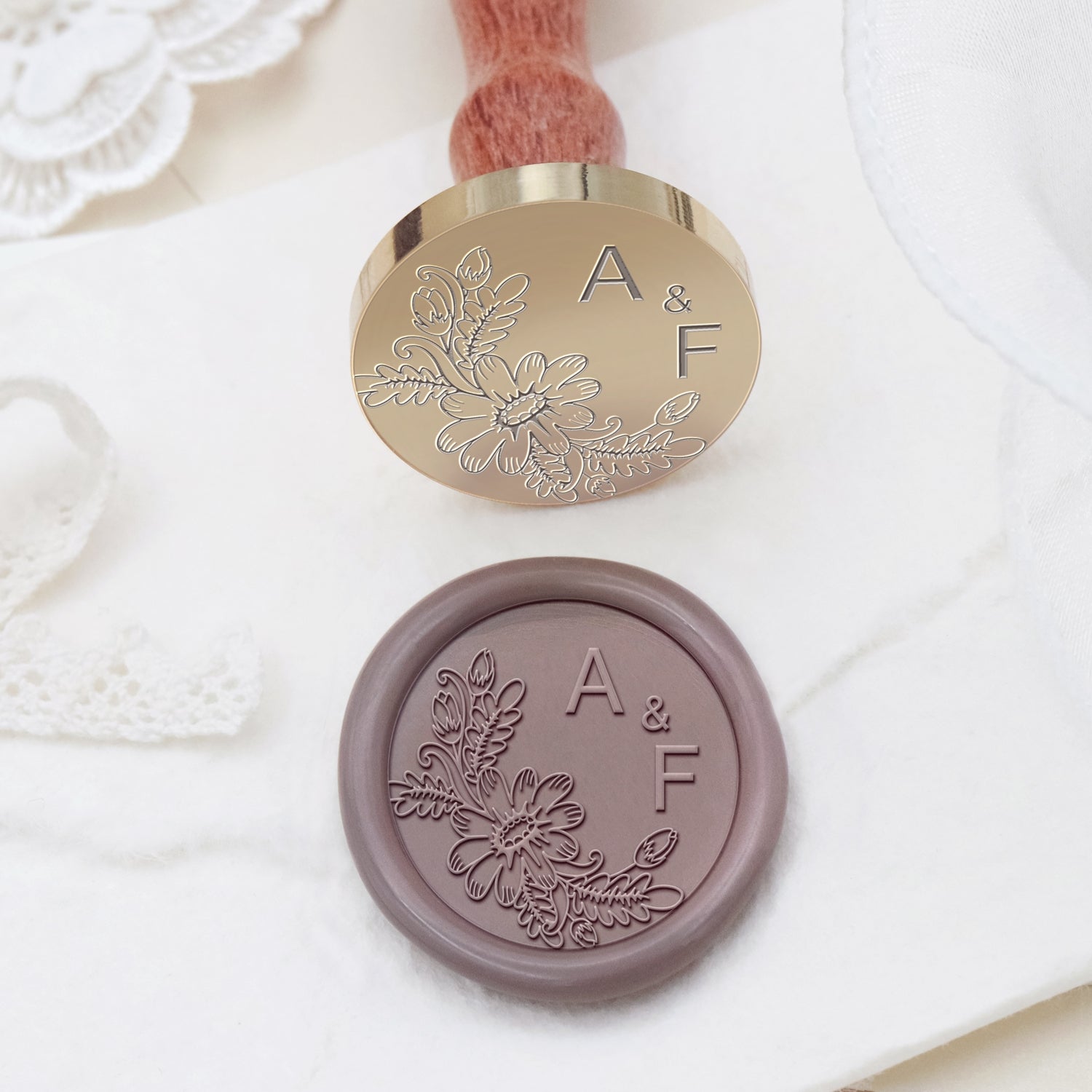 Tampon encreur sceau de cire mariage botanique sans bordure personnalisé monogramme - Style 12 2