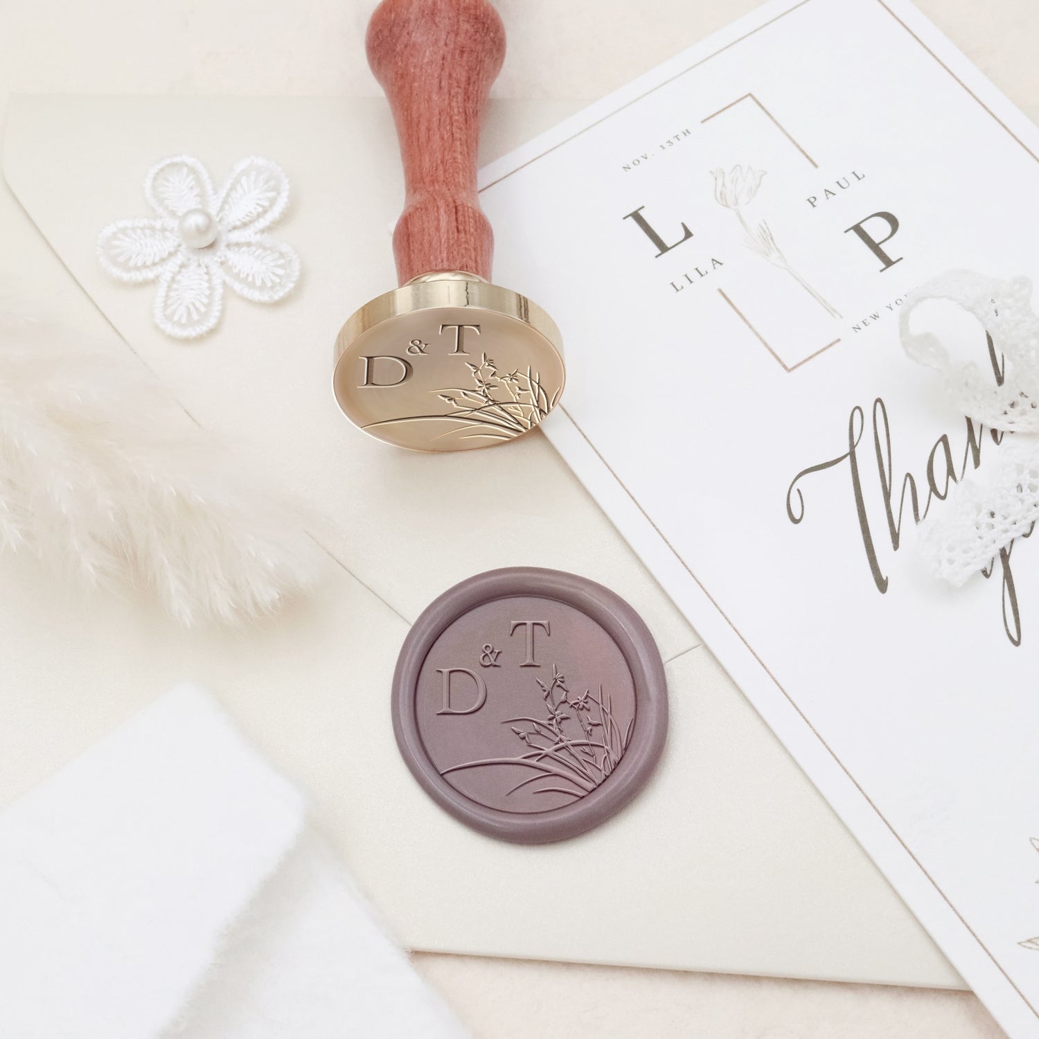 Custom Borderless Botanical Wedding Monogram Wax Seal Stamp - Style 18 3