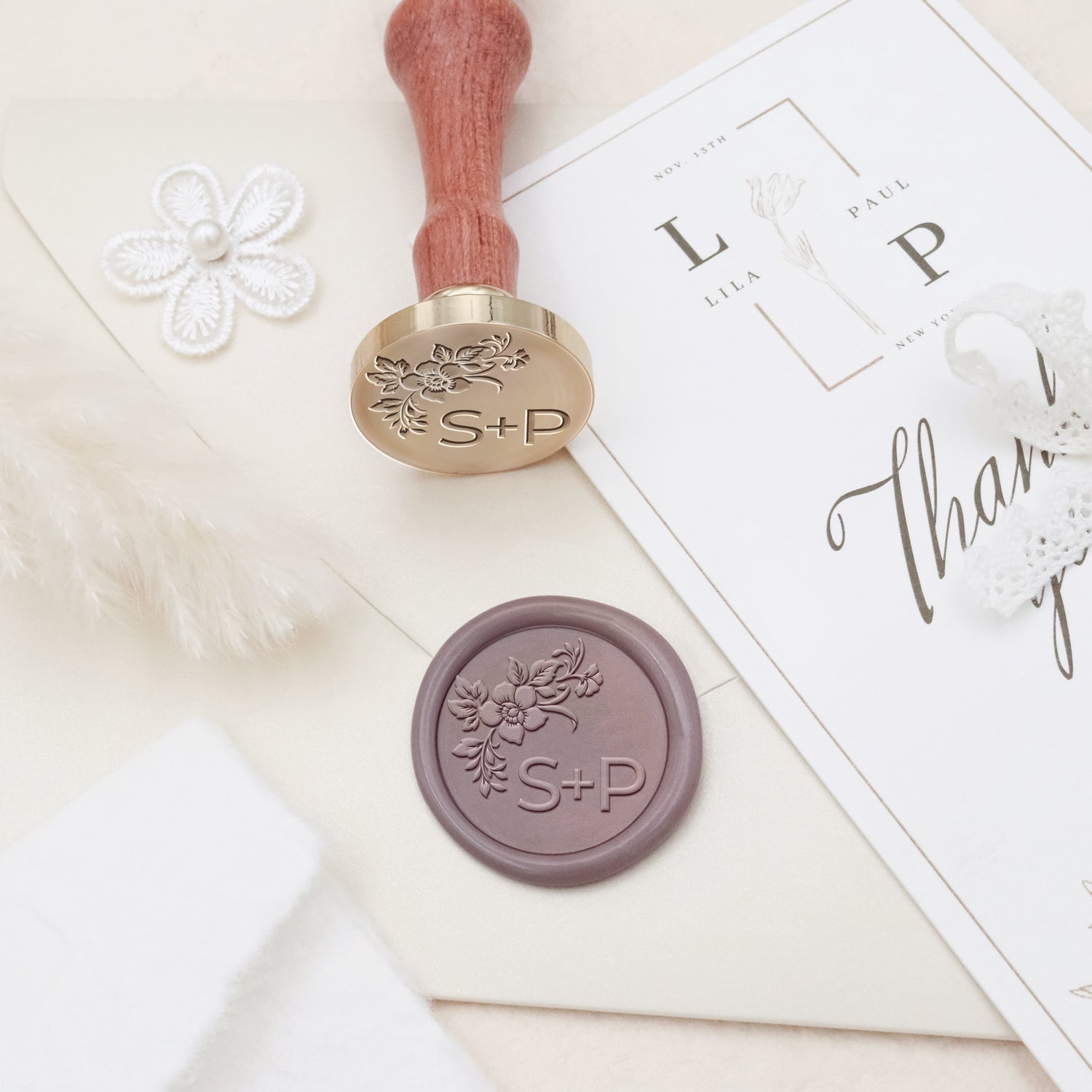 Tampon encreur personnalisé sans bordure botanique mariage monogramme sceau de cire - Style 27 3