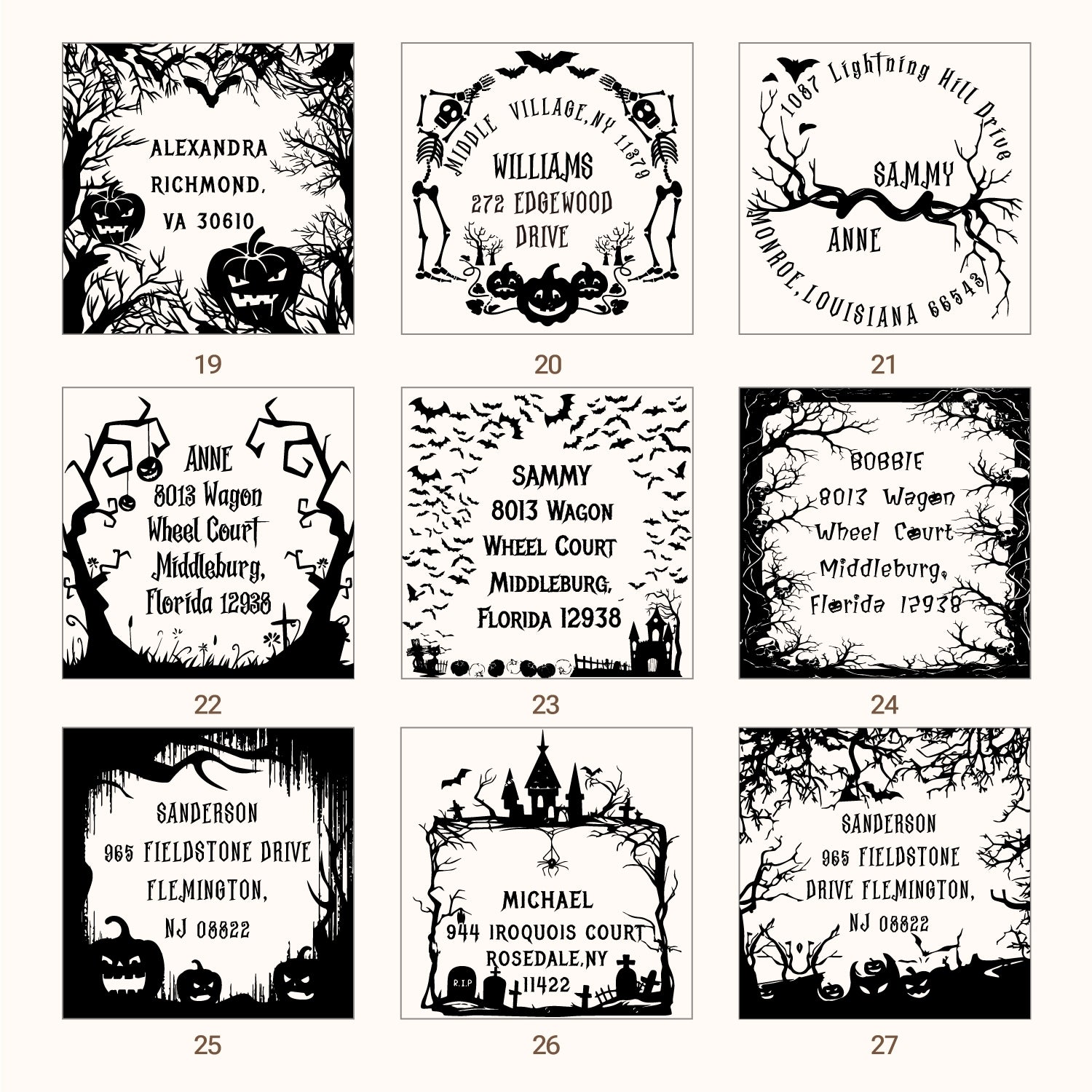 Custom Halloween Address Rubber Stamp (27 Designs) sku3