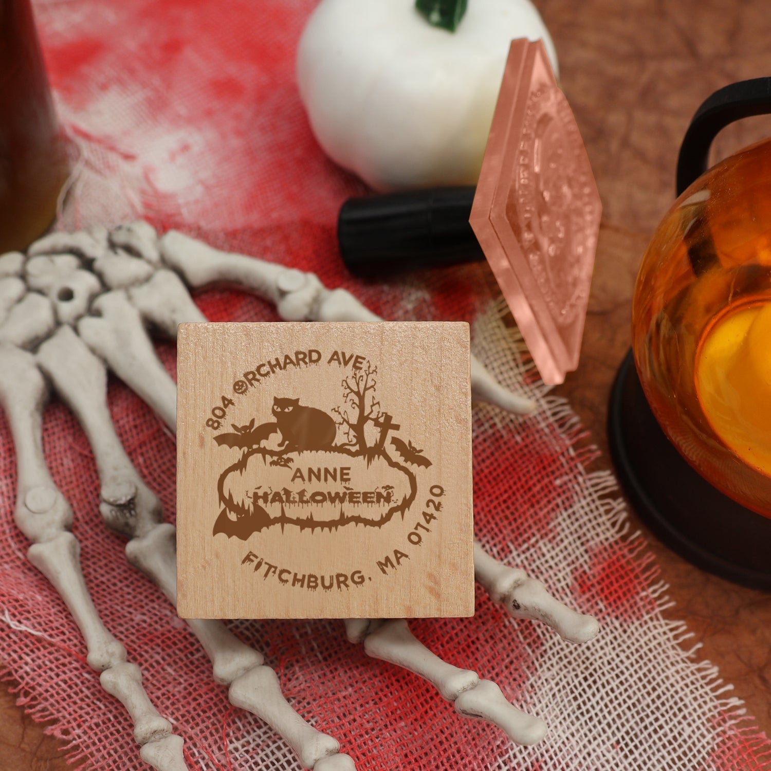 Tampon en Caoutchouc d'Adresse Halloween Chauve-souris et Chat Personnalisé1
