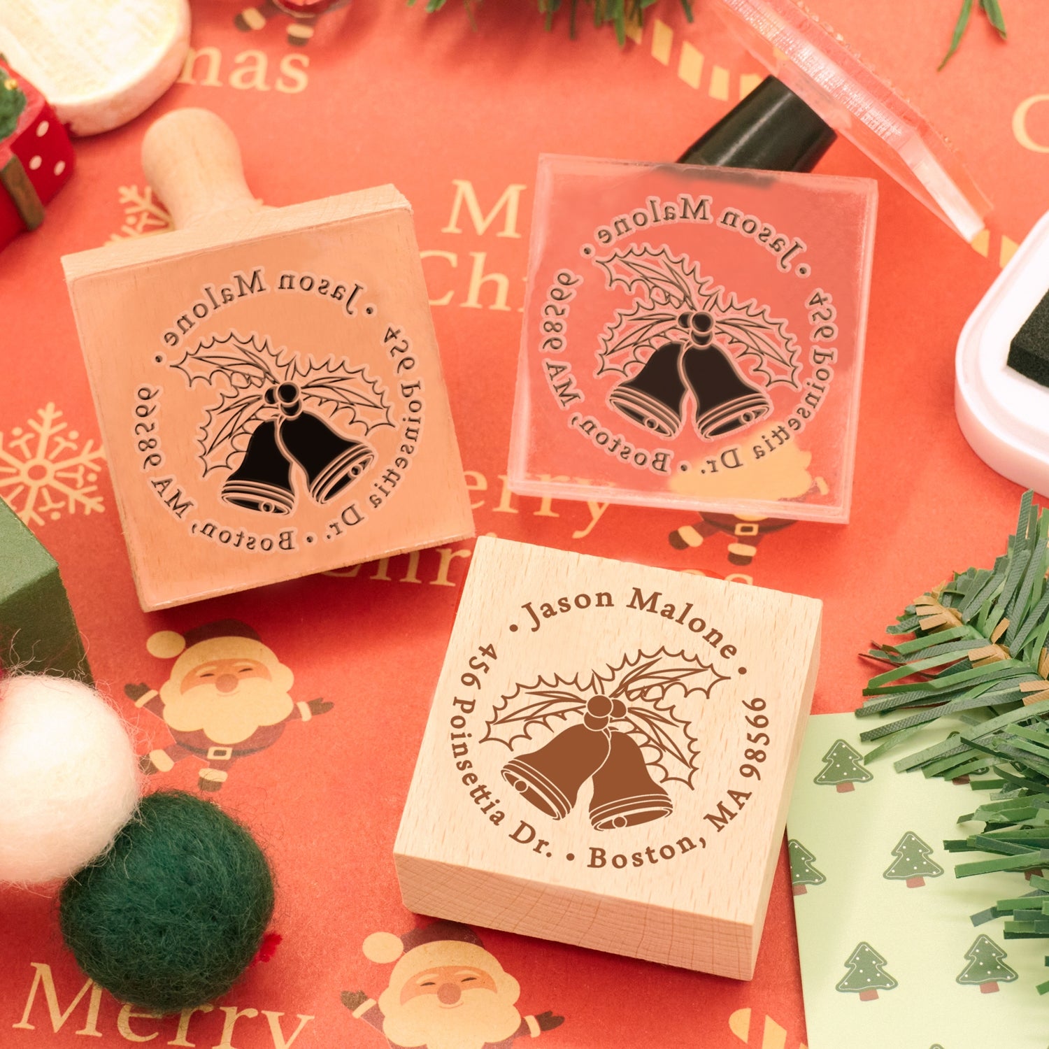 Custom Christmas Bell Address Rubber Stamp1