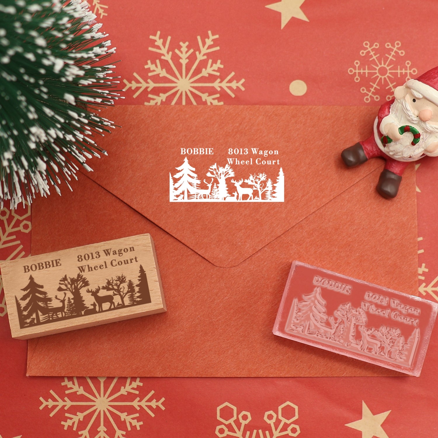 Tampon en Caoutchouc Rectangle Personnalisé Forêt de Noël et Renne