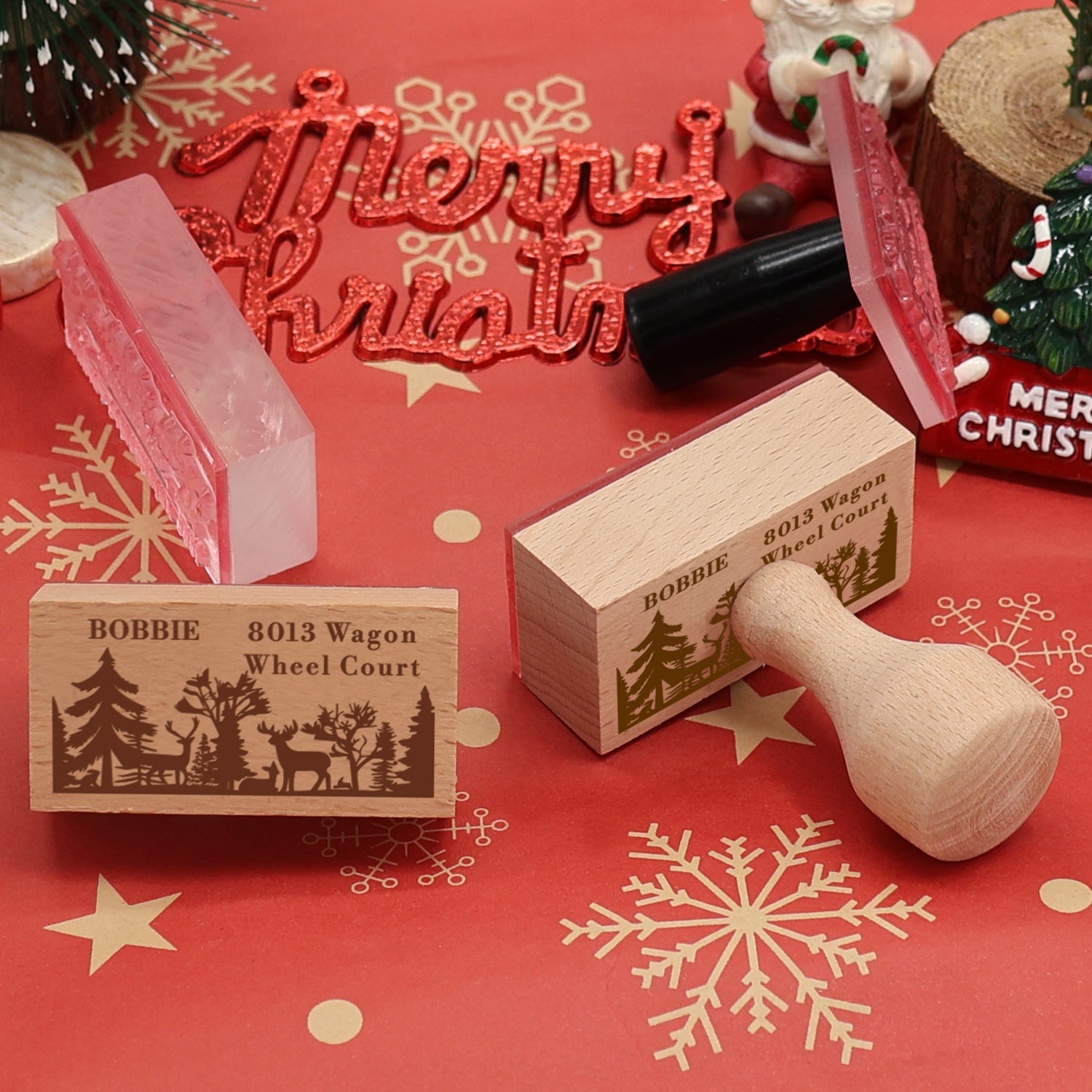 Tampon en Caoutchouc Rectangle de Forêt de Noël et Renne Personnalisé3