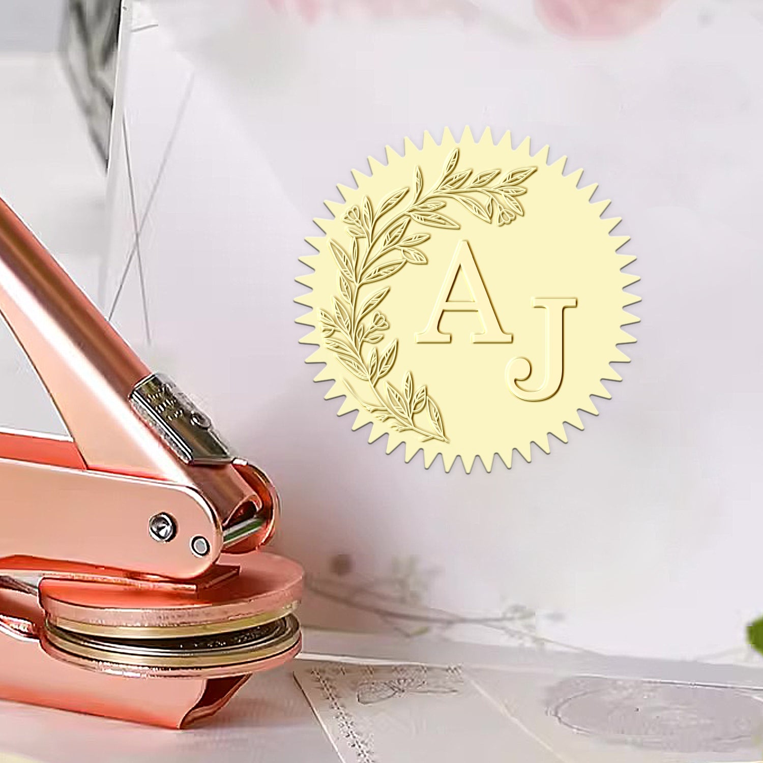 Custom Botanical Initials Wedding Monogram Embosser - Style 2 Custom Botanical Initials Wedding Monogram Embosser - Style 212 21
