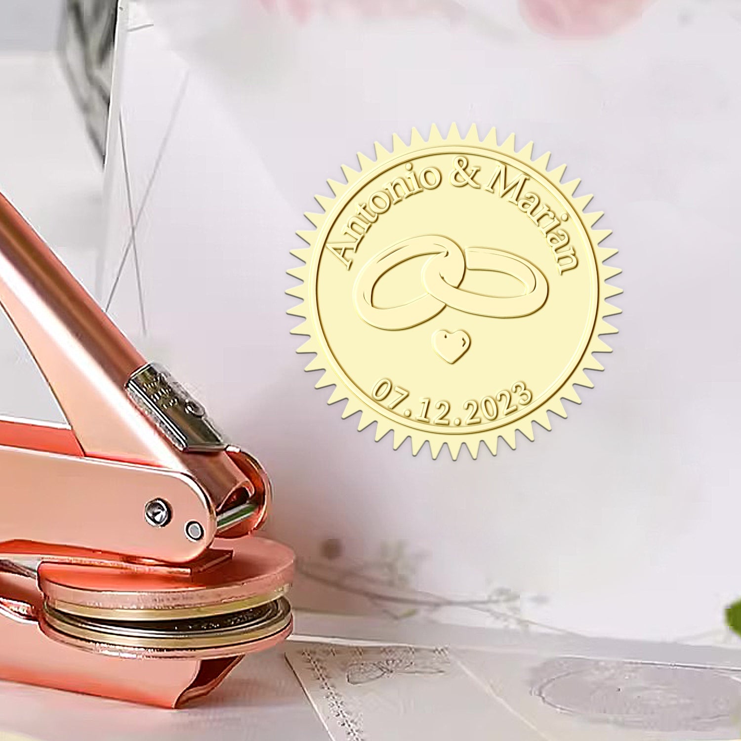 Timbre à sec de mariage anneaux de couple personnalisé 1271
