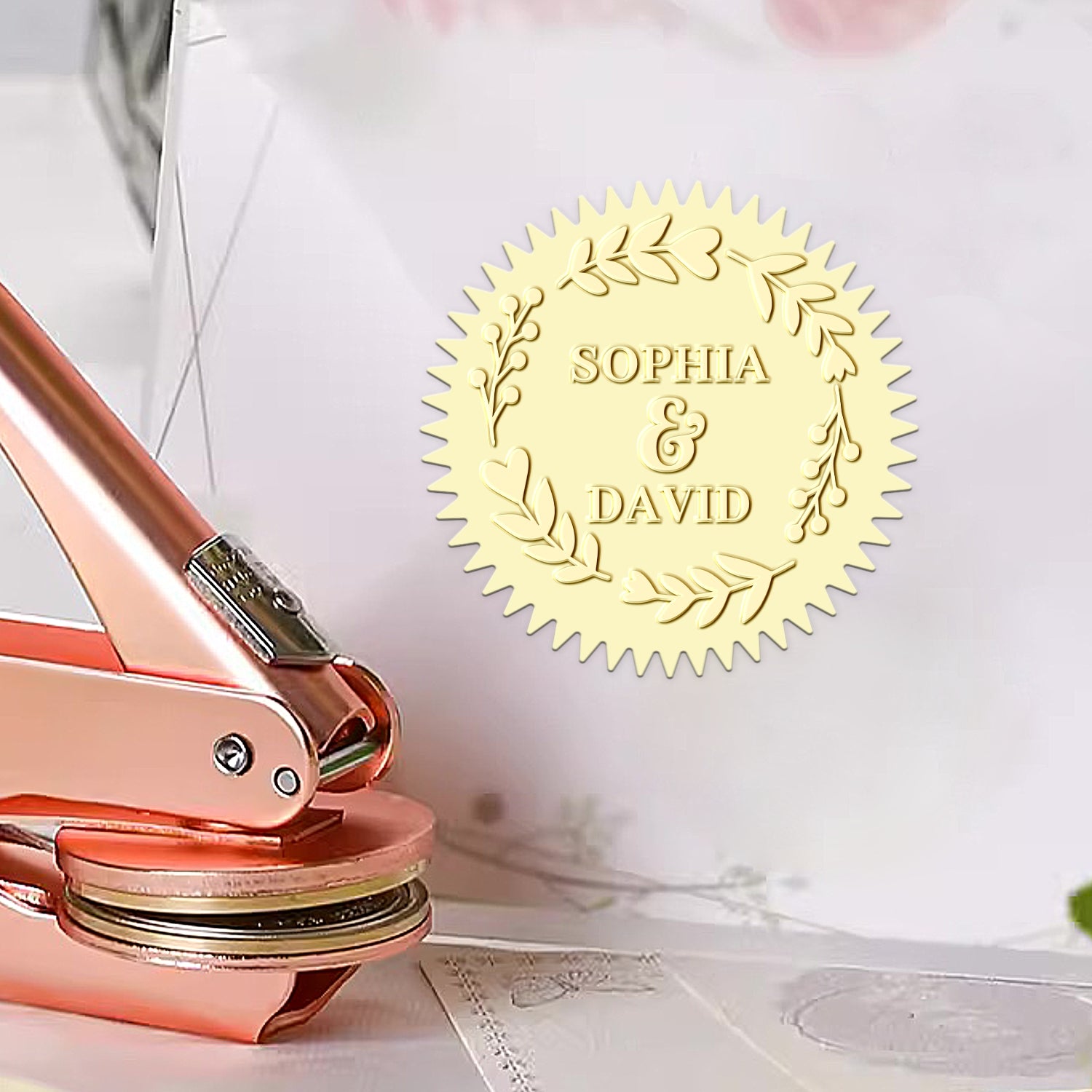 Custom Half Wreath of Branches Wedding Name Embosser 1-91