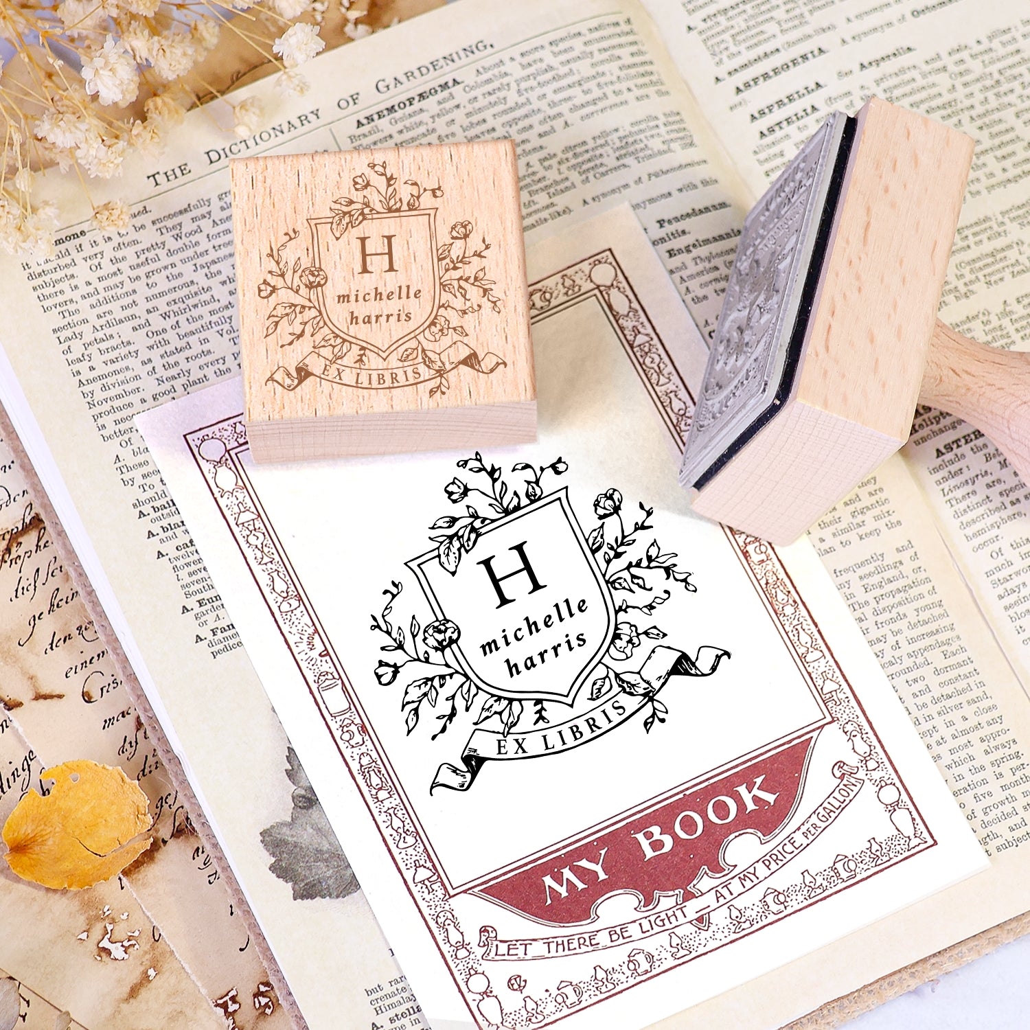 Tampon en caoutchouc en bois Ex-libris livre double hirondelle planante personnalisé 2