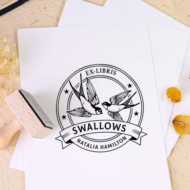 Custom Twin Soaring Swallow Ex Libris Book Wooden Rubber Stamp